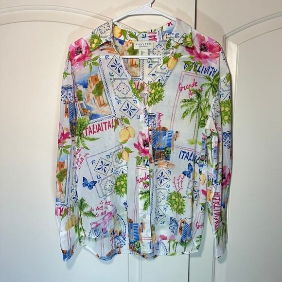 Calypso St Barth Cotton Italy Print Button Down Shirt Womens L Tropical Resort - Picture 1 of 4